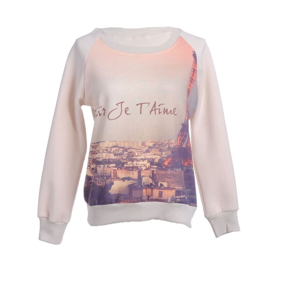 S/M Fit Beige Paris Je T' Aime Scenic Print Front Pullover Sweater