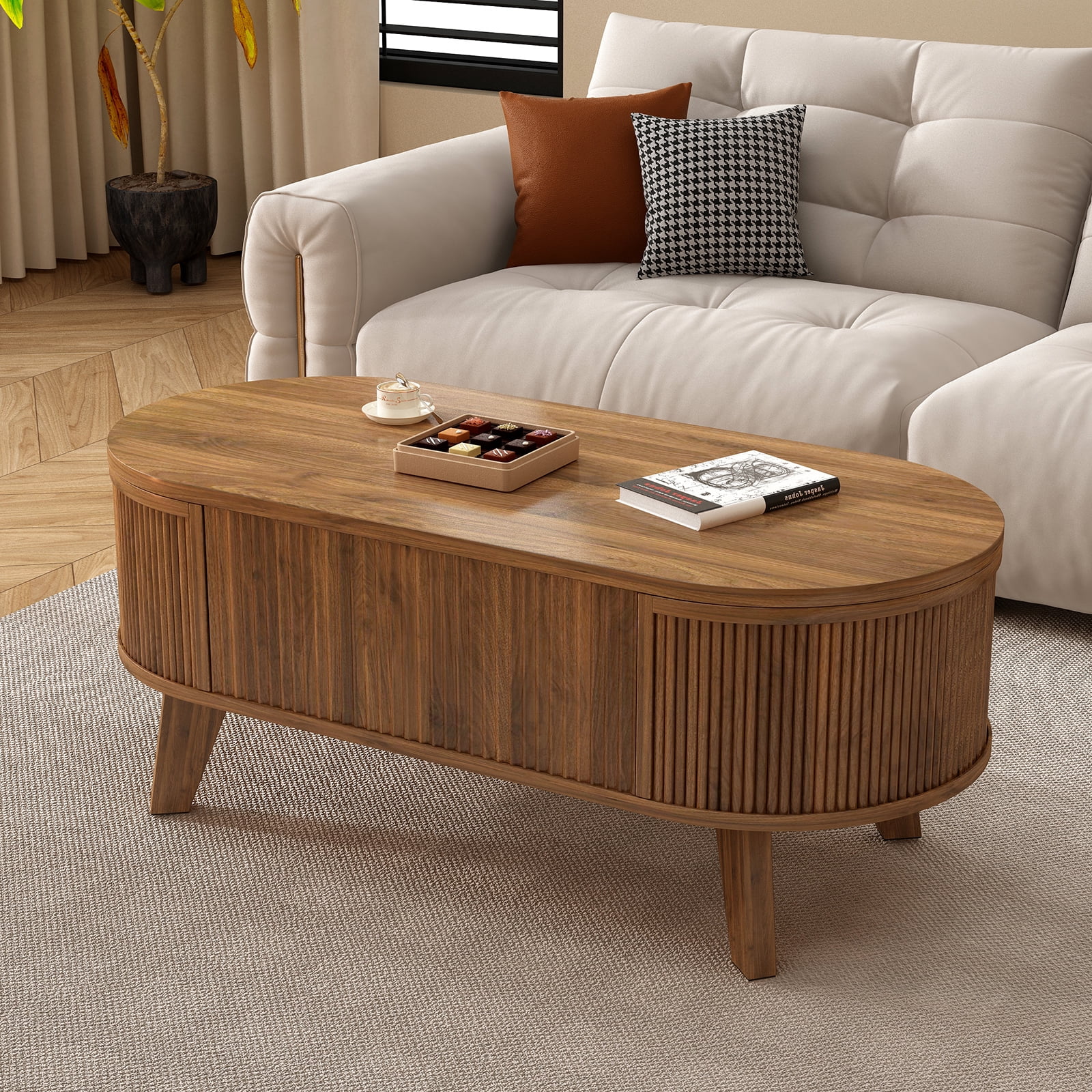 Hommoo Modern Fluted Lift Top Coffee Table with Hidden Storage, Mid-Century Oval Living Room or Home Office Table, Walnut