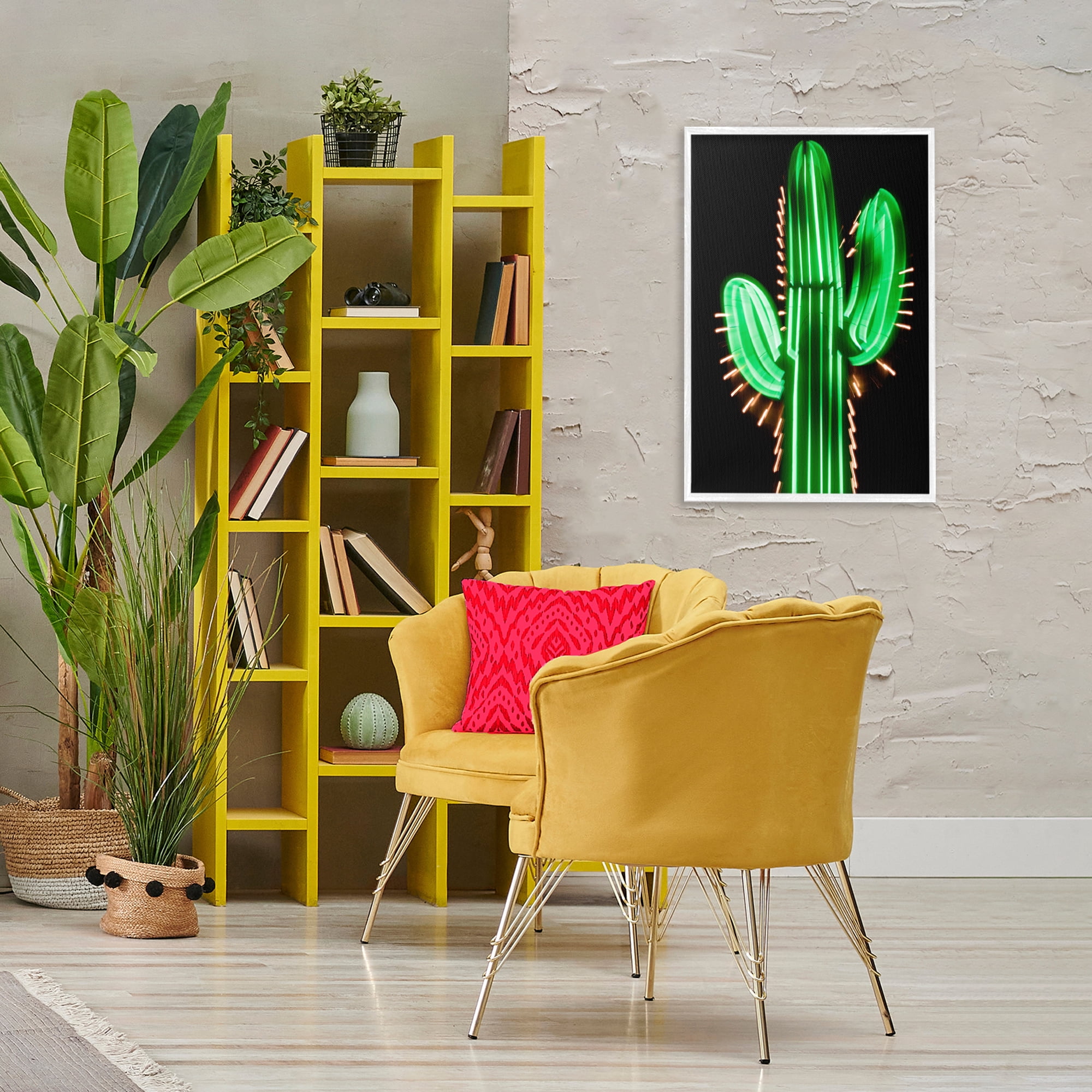 Stupell Industries Neon Lights Cactus Botanical & Floral Painting White Framed Art Print Wall Art, 20 x 30