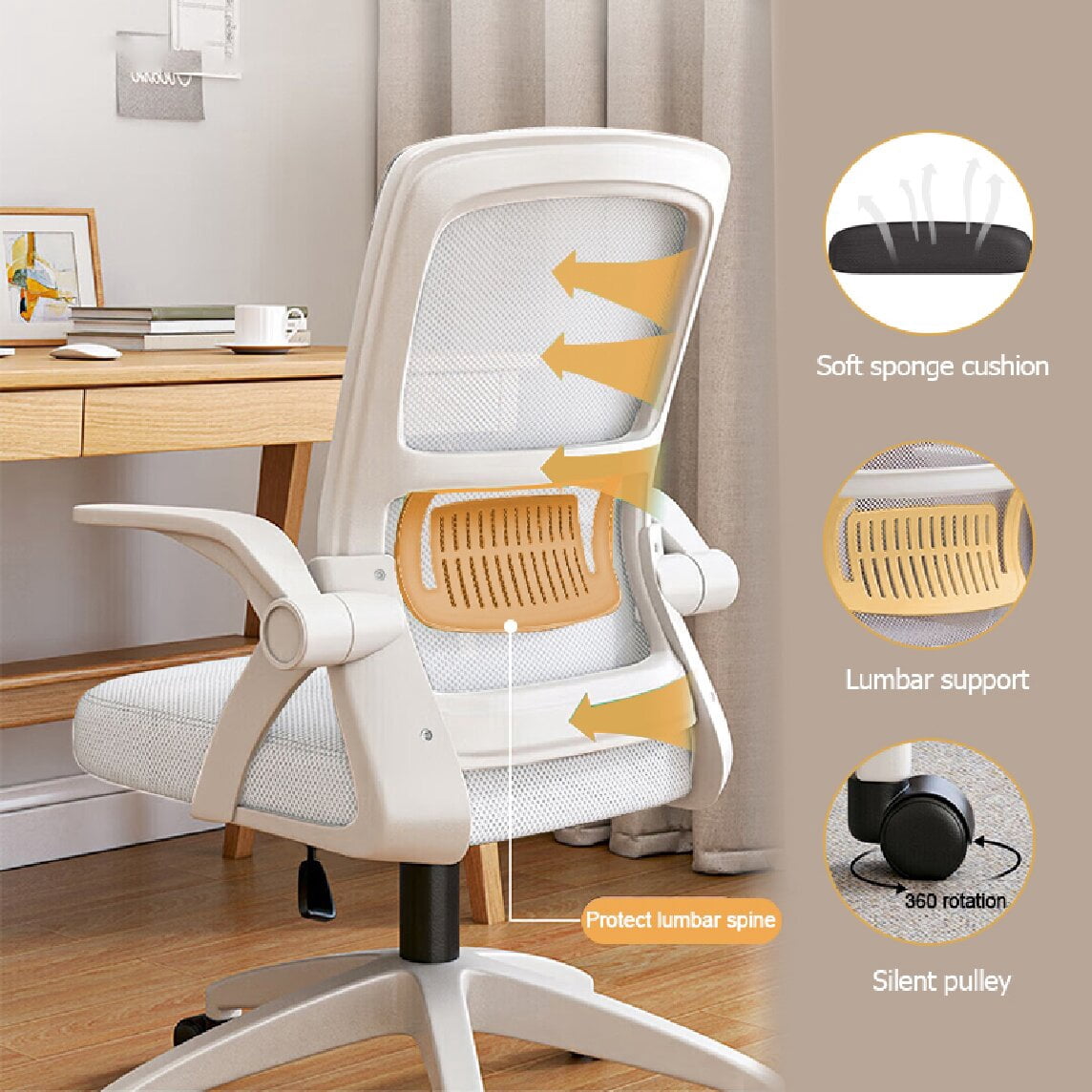 XUEGW Ergonomic Mesh High-Back Home Office Chair, Adjustable Height Swivel Flip-Up Arms Lumbar Support.
