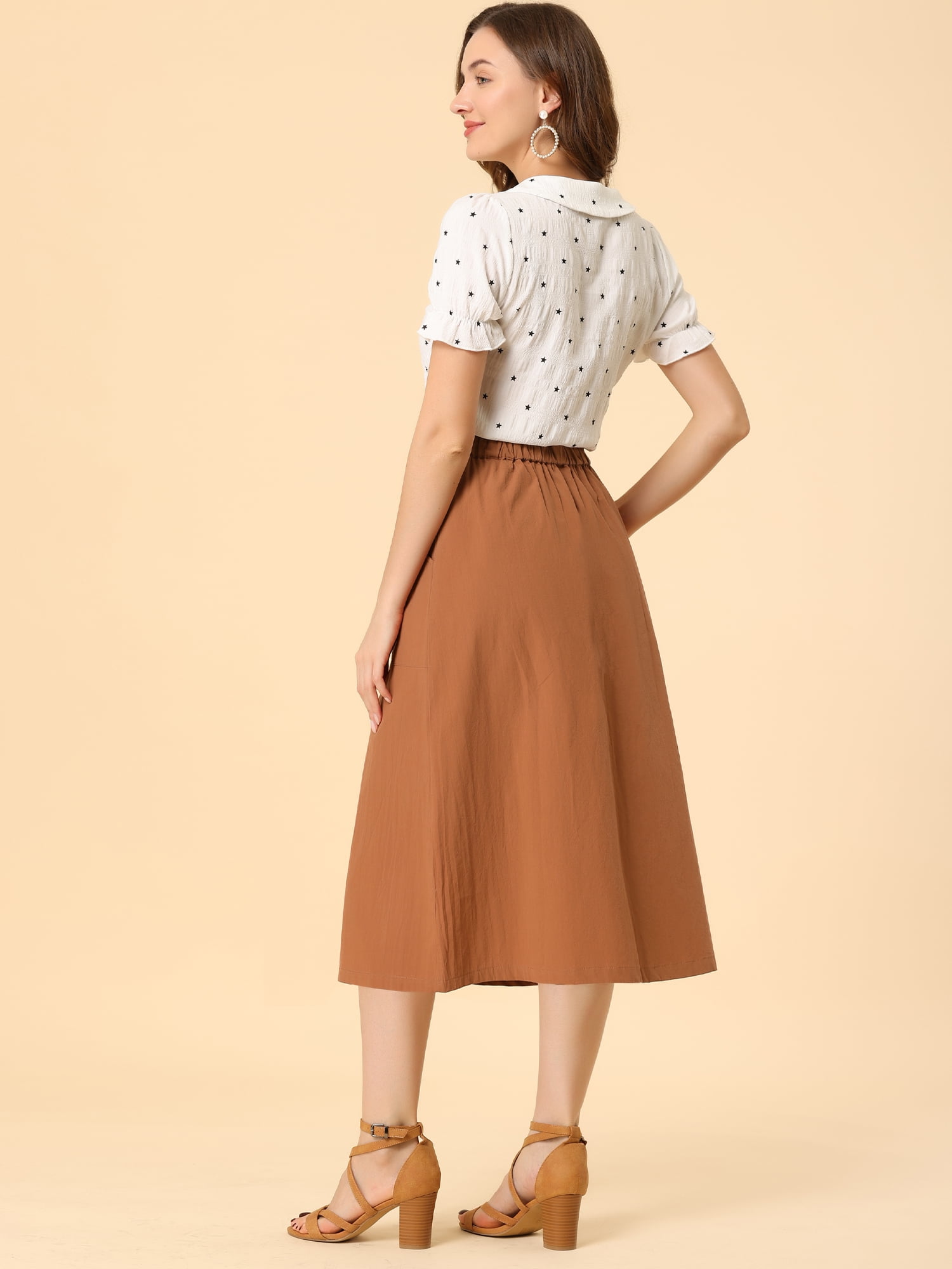 DARING DIVA Women's Cotton A-Line Midi Skirt with Pockets XS Brown