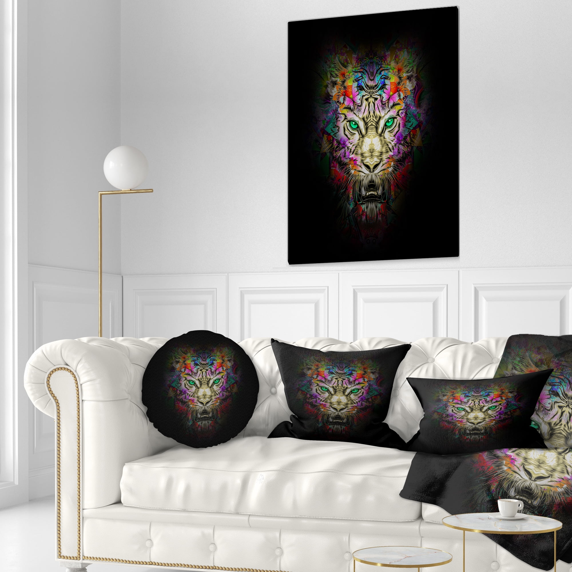 Designart Fierce Tiger Head on Black - Animal Throw Pillow - 12x20