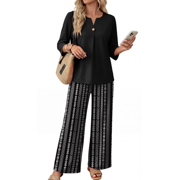 Womens 2 Piece Lounge Outfits 3/4 Sleeve V Neck Button Top Leaf Print Wide Leg Pants Casual Spring Summer Vacation Set