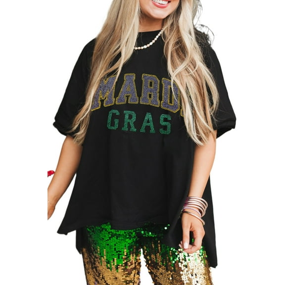 Women's Black Rhinestone Mardi Gras Letter Graphic Oversized T-Shirt | [ZhiHiMeRi] | (US 12-14)L