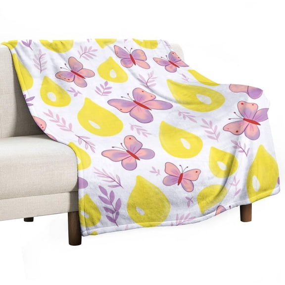 Lemon & Butterfly Print Flannel Throw Blanket, Soft Anti-Pilling Lightweight Cozy Blanket for Couch, Sofa, Bed, Travel & Home Decor