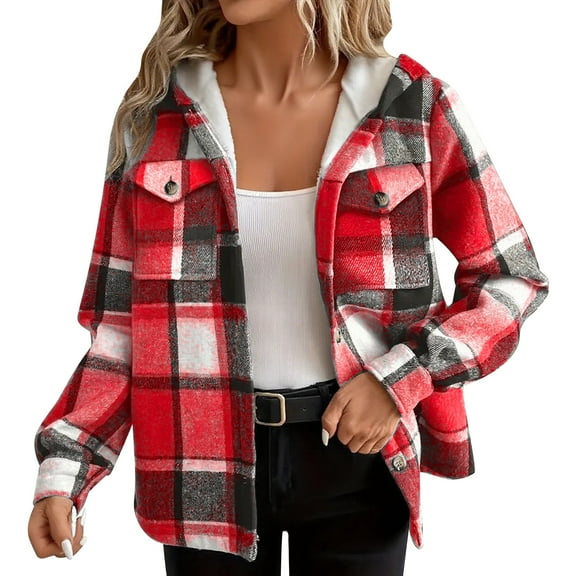 Womens Hoodie Jackets with Fleece Full Zip Sweatshirt Jackets Plaid Long Sleeve Hooded Coat