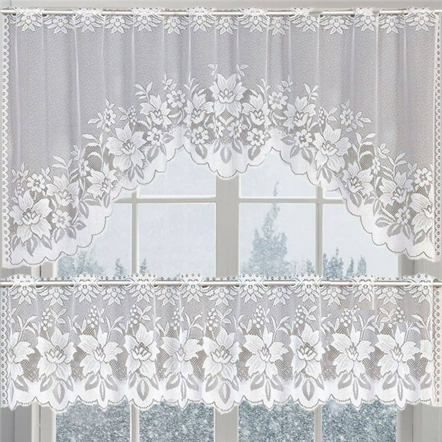 pitrice 2PCS/Set Lace Coffee Curtain Vintage Style Cafe Window Tier Translucent Curtain Kitchen Dining Room Home Decoration