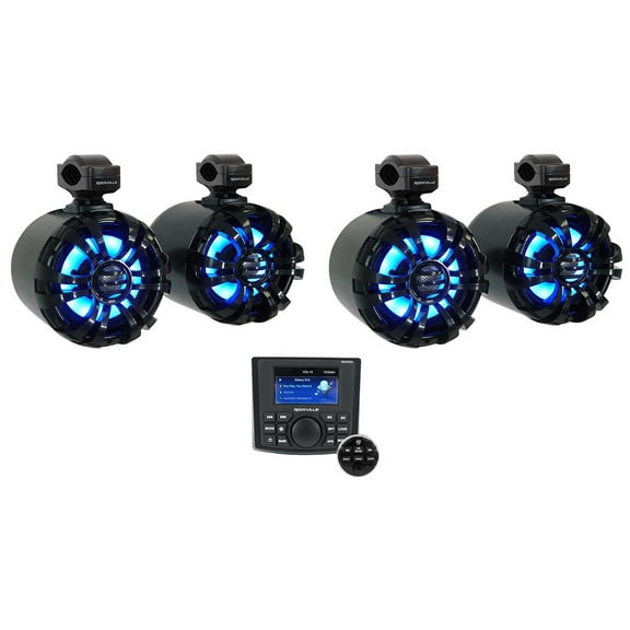 Rockville RGHR45 4 Zone Marine Receiver w/Bluetooth (4) Black LED Tower Speakers