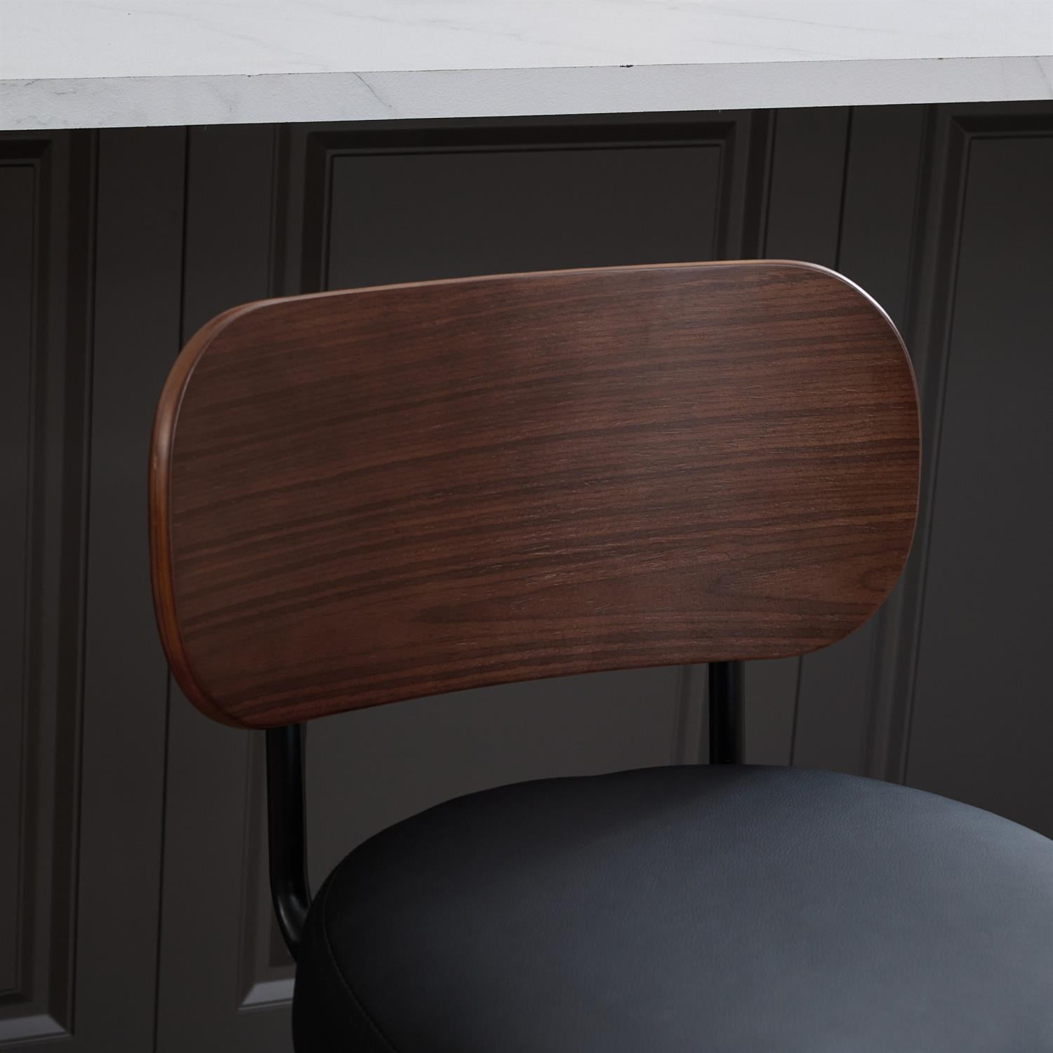 Demi Bonn 35" Swivel Bar Stools Set of 2 with Upholstered Faux Leather， Walnut Back & Bentwood Legs, Counter Height Stools for Kitchen or Bar Seating, Black