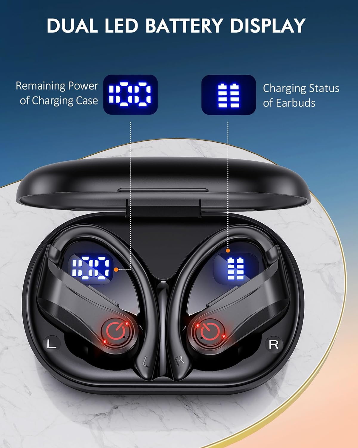 Wireless Earbuds Bluetooth Headphones Sports Over-Ear Bluetooth 5.3 Ear Buds with Earhooks 120H Playtime Wireless Headphones for Workout Waterproof Bluetooth LED Power Display