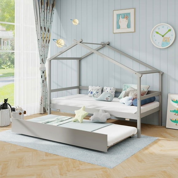 Gymax Twin House Bed w/ Trundle w/ Roof & Fence Rails Wooden Platform Bed Frame Grey