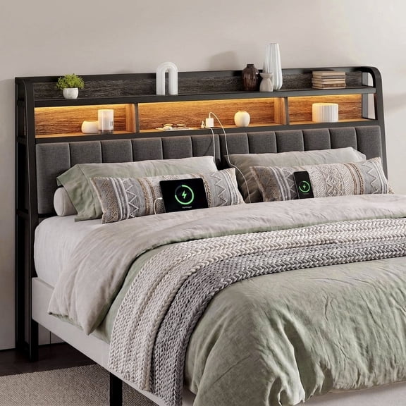 ROGALIS King Size Upholstered Headboard with 2-Tier Storage Shelf, RGB LED Light, Power Outlets & USB Ports, Height Adjustable, Black & Grey, Headboard Only