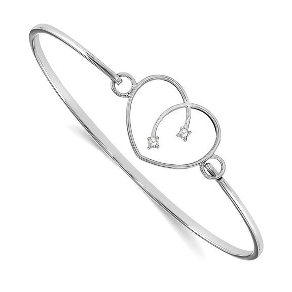 925 Sterling Silver Polished Prong set White Ice .06ct. Diamond Love Heart Bangle Bracelet 23mm Wide Cuff Bracelet for W