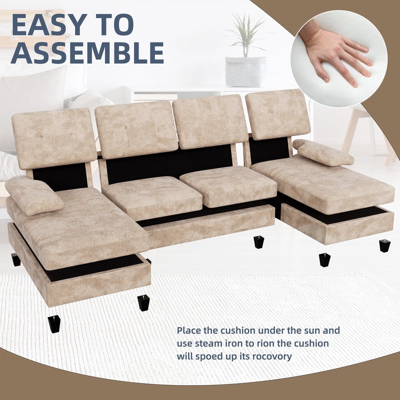 Walsunny Modern U-Shaped Sectional Sleeper Sofa with 4 Deep Seat, Modular Cloud Oversized Sofa Couch with Chenille Fabric & Double Chaise for Apartment, Khaki