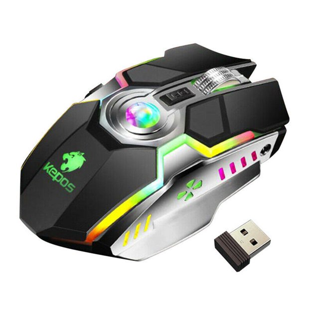 Kearding Ratón inalámbrico para juegos G80, ratón recargable para juegos, silencioso, ergonómico, 7 teclas, RGB, retroiluminado, 1600 DPI, Juegos de teclado y mouse para computadora Negro
