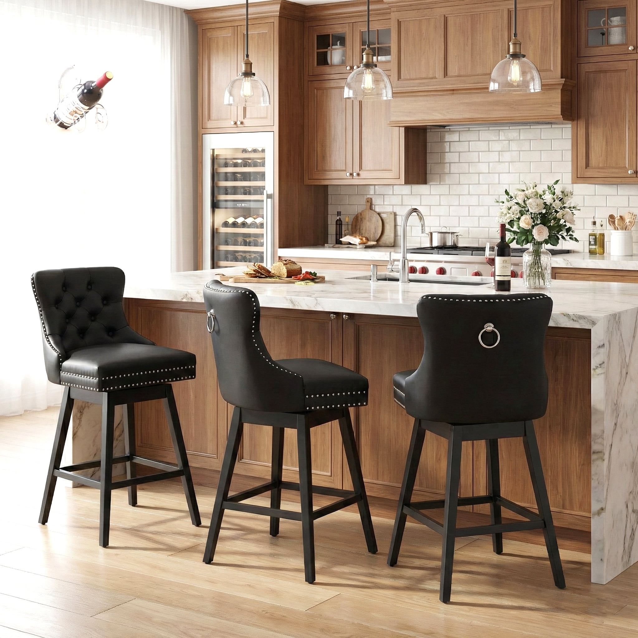 Fahomiss Swivel Bar Stools Counter Height Set of 3, 26" Faux Leather Kitchen Island Stools with Back, Black