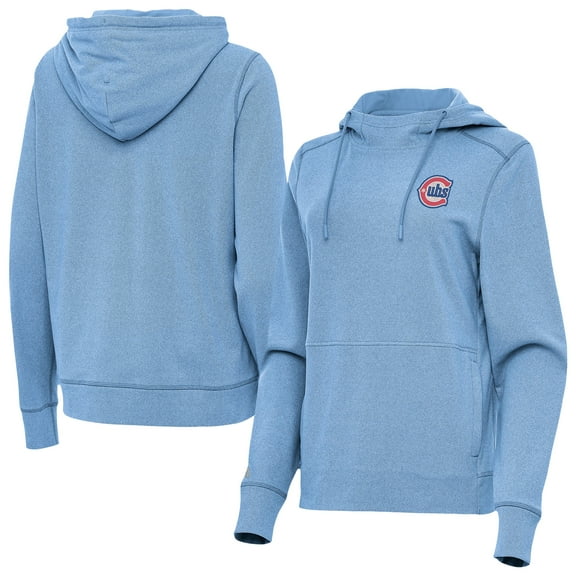 Women's Antigua Heather Powder Blue Chicago Cubs Alternate Logo Justice Pullover Hoodie
