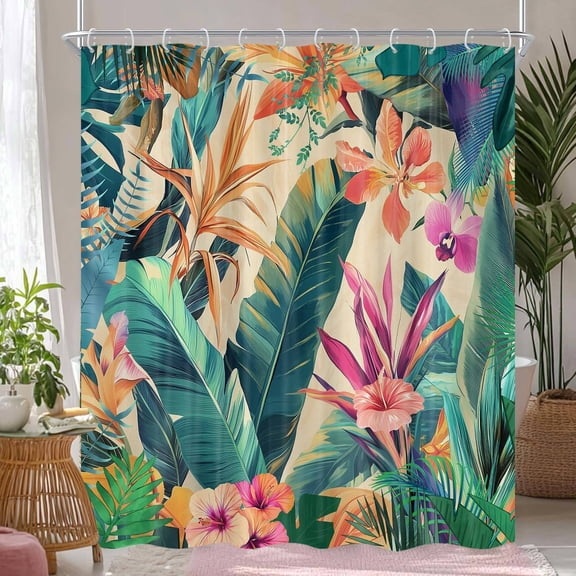 Tropical Colorful Palm Leaf Shower Curtain, Tropical Floral Leaves Hawaiian Botanical Jungle Plant Bathroom Curtain, Waterproof Cloth Fabric Bath Curtain Accessories with Hooks, 69X70IN