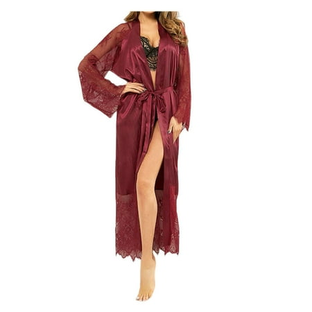 

TureClos Female Bathrobe Sexy Sleepwear Lingerie Long Satin Robes Nightgown Lace Gown Ladies Nightdress Loose Sleeve Clothes Wine Red M