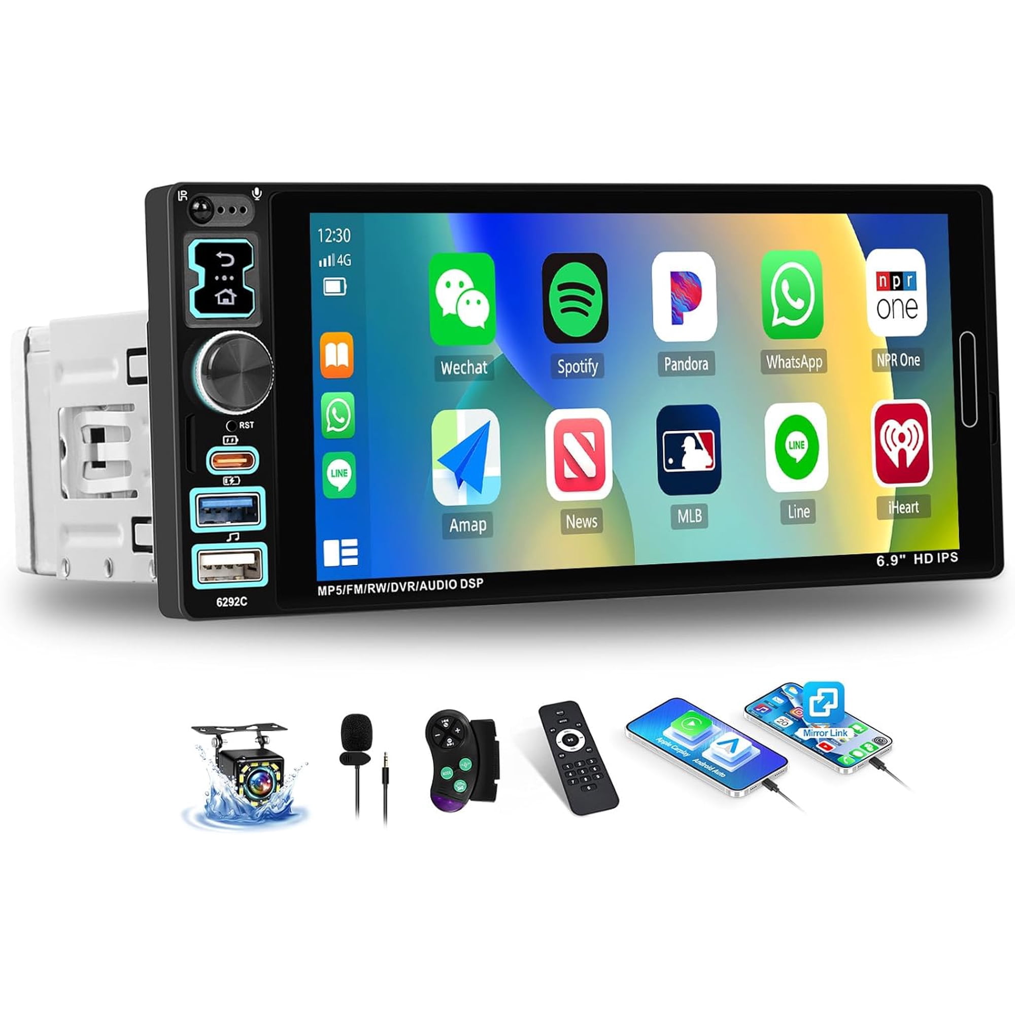 1DIN 6.9" IPS HD Touch Screen Monitor Universal Car mp5 Player with Bluetooth FM Radio Receiver Support type-c/USB Rear View Camera with build-in wired carplay/auto