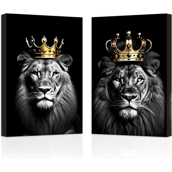 ZHONGYUTONG Lion and Lioness Canvas Wall Art 2 Pieces Lion King with Gold Crown Poster Prints Wild Animal Pictures Black and White Artwork Office Decor (11.00" x 14.00" x 2PCS)