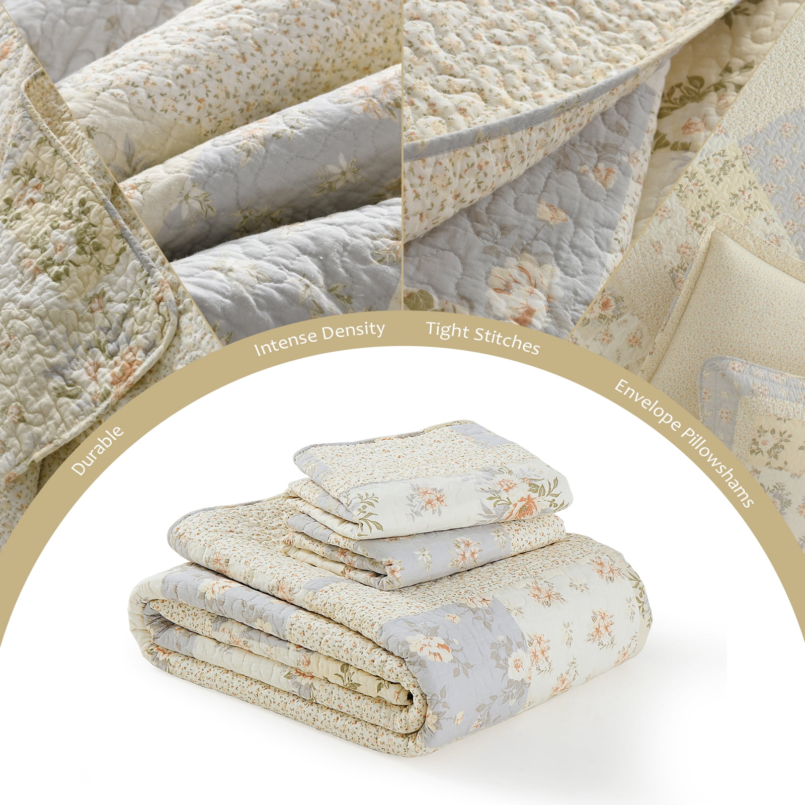 DUOHONG King Bedspread 120"W x 120"L - 100% Cotton Reversible Lightweight Oversized Quilt with 2 Pillow Shams, Beige/Brown/Cream White