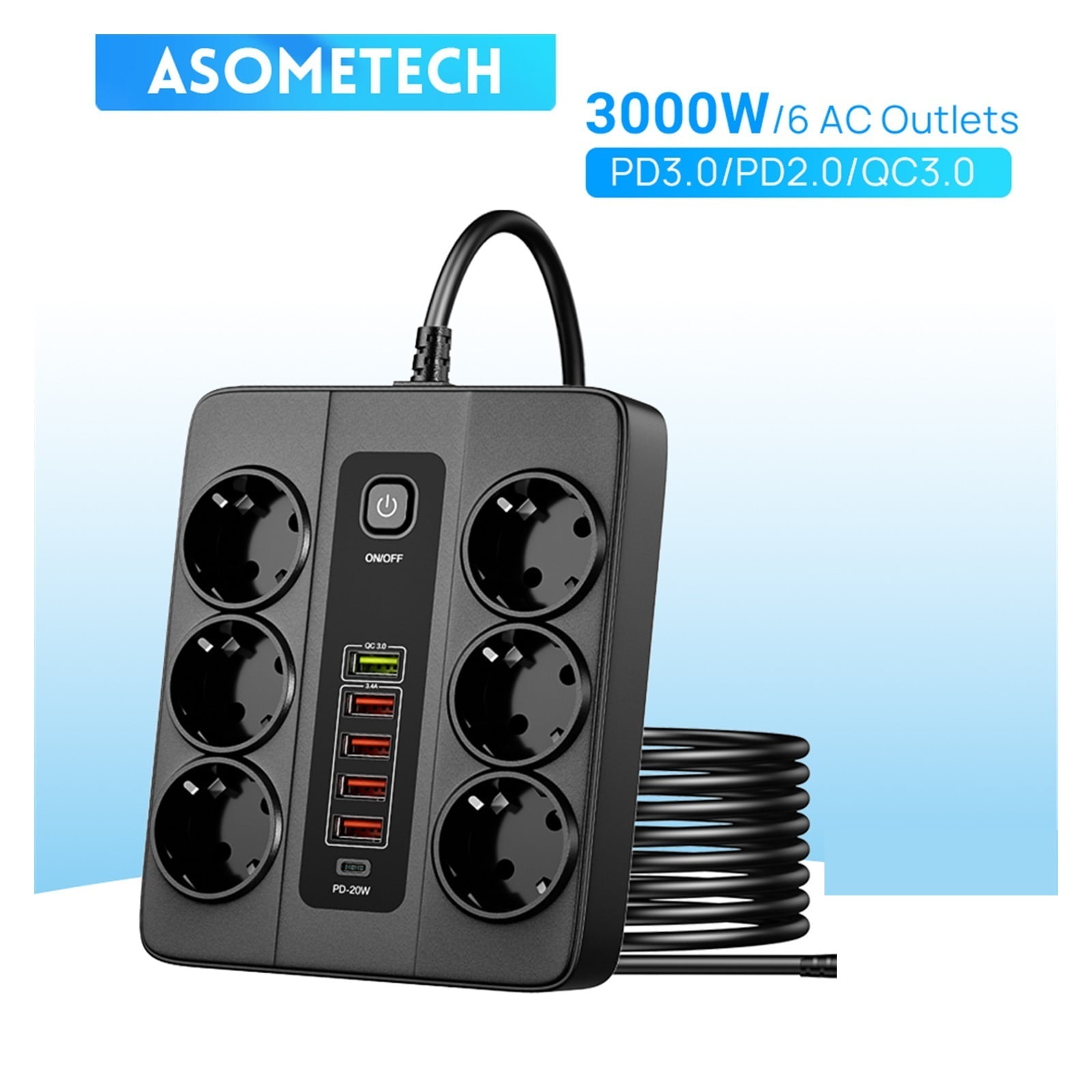 3000W 6 AC Outlets Power Strip 6 USB Charging Station Extension Cord 2M PD 20W QC3.0 USB Port Multi Outlet Charger Power Socket ,Space-Saving
