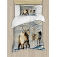 thumbnail image 1 of Winter Duvet Cover Set Twin Size, Reindeers Natural Environment Tromso Northern Norway Caribou Antler Wildlife, Decorative 2 Piece Bedding Set with 1 Pillow Sham, Brown Ivory Blue, by Ambesonne, 1 of 3