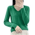 thumbnail image 2 of Suéter de cuello en V para mujer, color liso, manga larga, cuello en V, suéter de punto con flores torcidas, blusa para mujer, 2 of 3