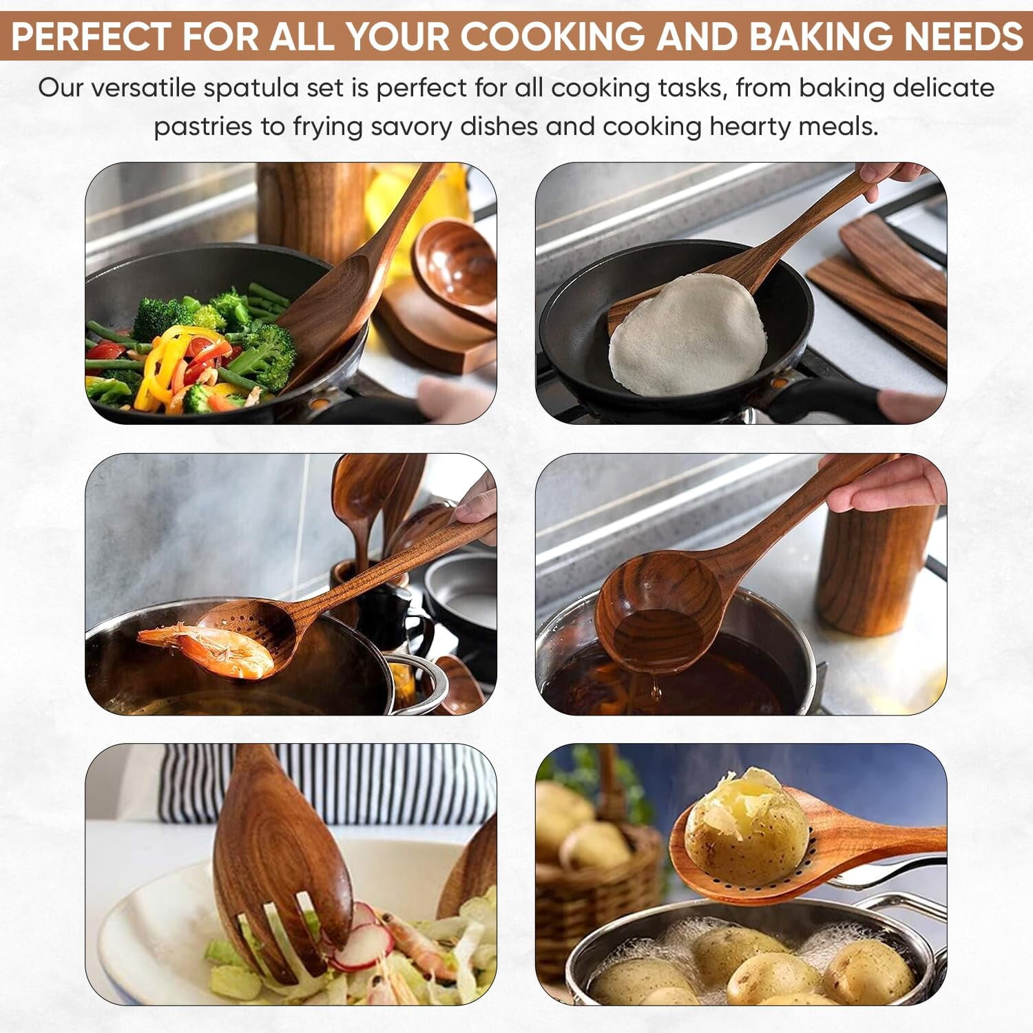 Herlig 10 Piece Teak Wood Cooking Utensil Set  Kitchen Cookware Tools with Spatula, Spoon, Fork
