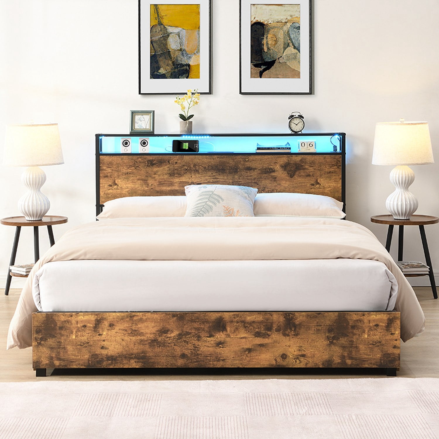 Full Bed Frame, Storage Headboard with Charging Station, Solid and Stable, Noise Free, No Box Spring Needed