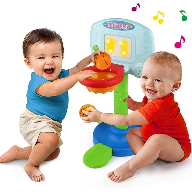 Basketball Hoop for Kids Toddlers 18m-3y, Infant 2 in 1 Adjustable Sports Toy Set, Baby Interactive Learning Toy, with Light and Music, Indoor Basketball Game, Battery Include