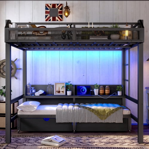 Twin over Twin Bunk Bed with Storage Shelves and Drawers, Multifunctional Metal Bunk Beds with USB Ports, LED Lights and Convertible Lower Sofa, Black