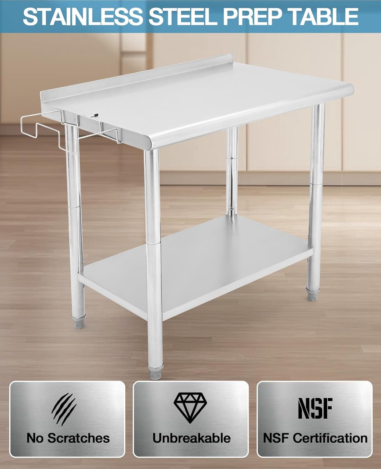 Kselythan Stainless Steel Table,Heavy Duty 2 Tier Worktable with Casters Backsplash Food Preparation Stainless Steel Table,Metal Prep Table for Kitchen Restaurant Commercial Workstation