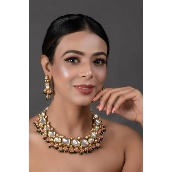 Kundan choker necklace set Indian jewelry bridal jewelry set, Kundan necklace earrings set, Pink necklace set