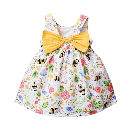 

ASEIDFNSA Tulle Dress for Girls Fancy Baby Girl Dresses Size 12 Months Kids Girls Toddler Beach Bee Floral Prints Sleeveless Bowknot Princess Girls Dress Cloths