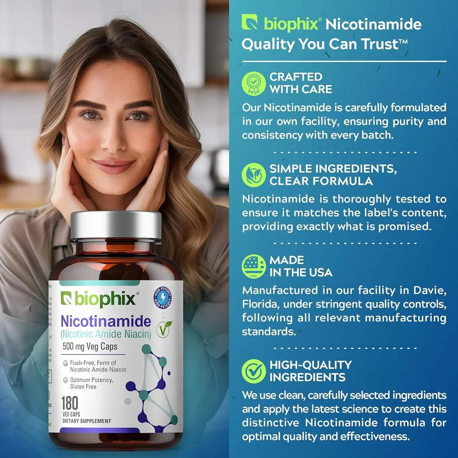 biophix B-3 Nicotinamide 500 mg 180 Vcaps - Hair Skin and Nails 180 Caplets 10000 mcg Biotin - Skin Kit - Nicotinic Amide Niacin Natural Flush-Free Vitamin Formula - Supports Skin Cell Health