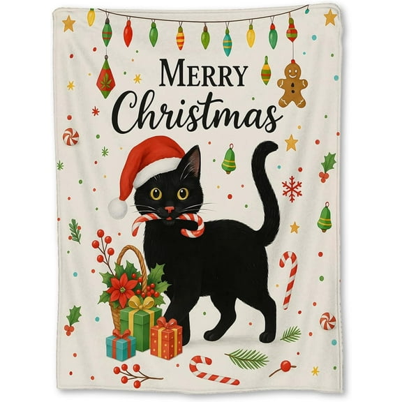 Black Cat Christmas Blanket Cozy Holiday Throw for Couch Bed Travel Winter Kitten Decor