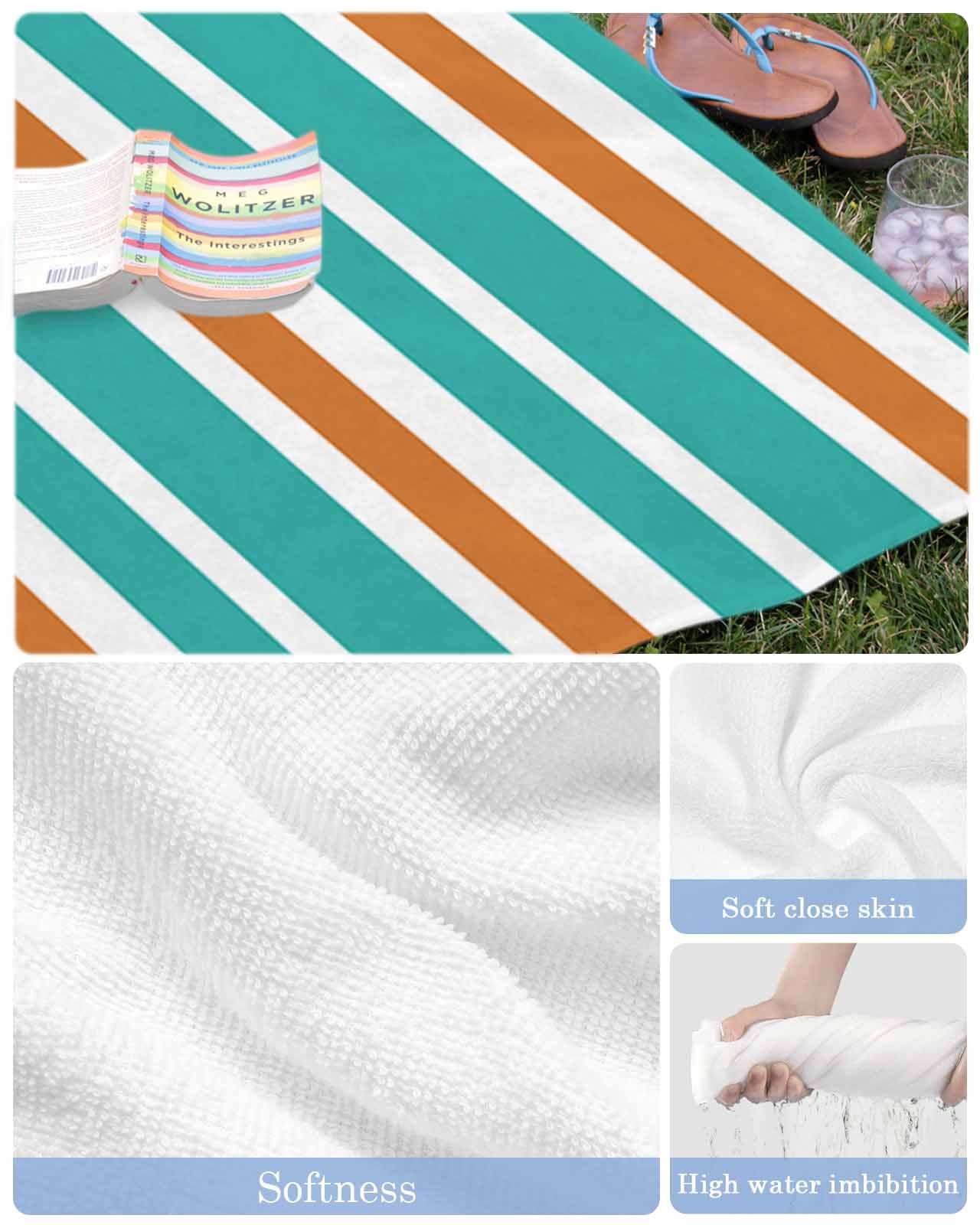 Turquoise Orange Striped Beach Towels Oversized Super Absorbent,Modern White Abstract Art Aesthetics Lightweight Bath Towel Quick Dry Sets For Bathroom/Pool/Rv Camping/Beach Play/Gym Room 31"x62"