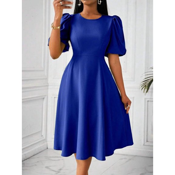Royal Blue Womens Fit And Flare Dress With Round Neck And Puff Sleeves