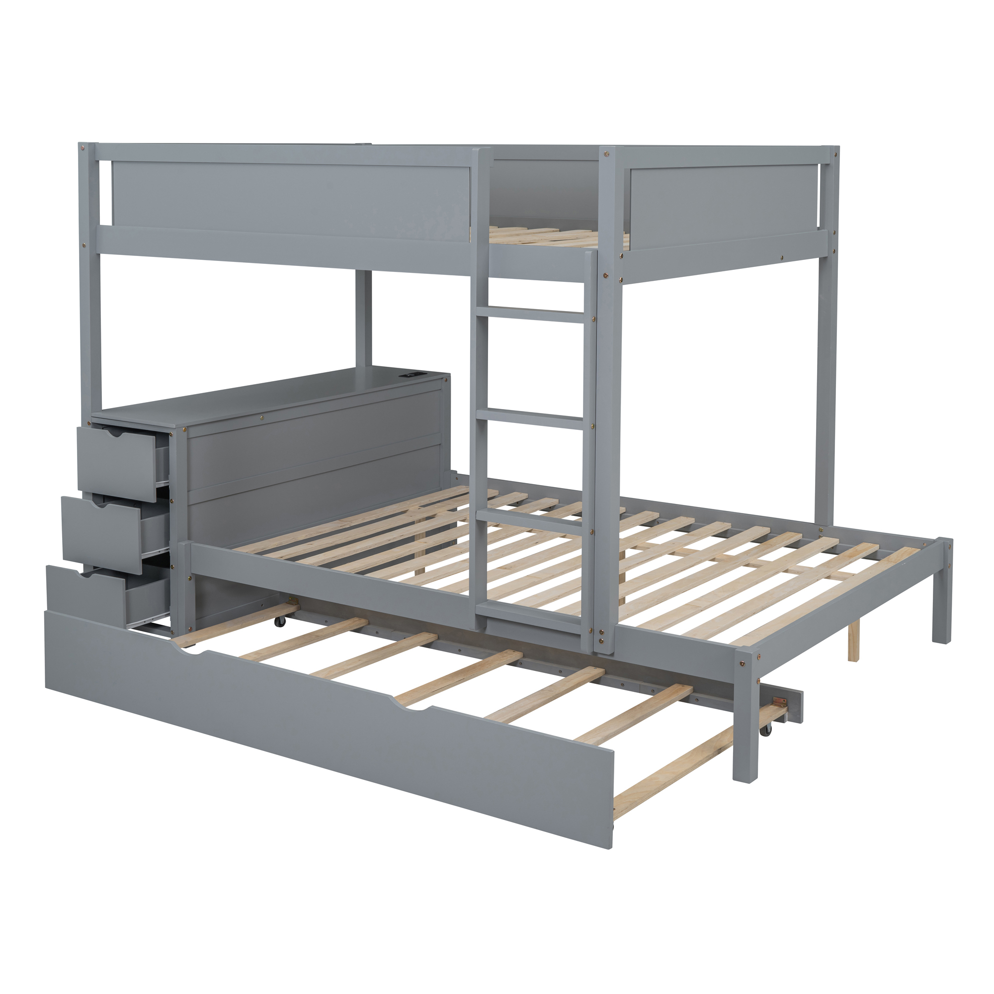 Aukfa Full Over Full Bunk Bed with Trundle and USB Charging Station, Wood Bed Frame with Build-in Desk&Storage Drawers for Kids Bedroom, Gray
