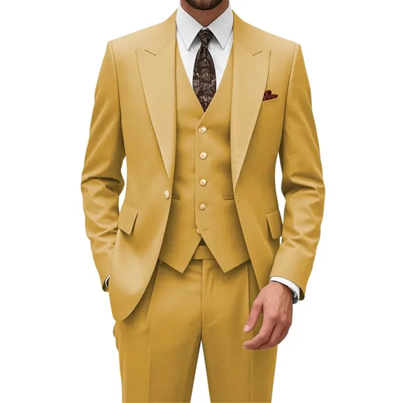 Plus Size Mens 3 Piece Gold Regular Fit Suit Set Blazer Vest and Pants Wedding Prom Party Business Tuxedo, 6XL