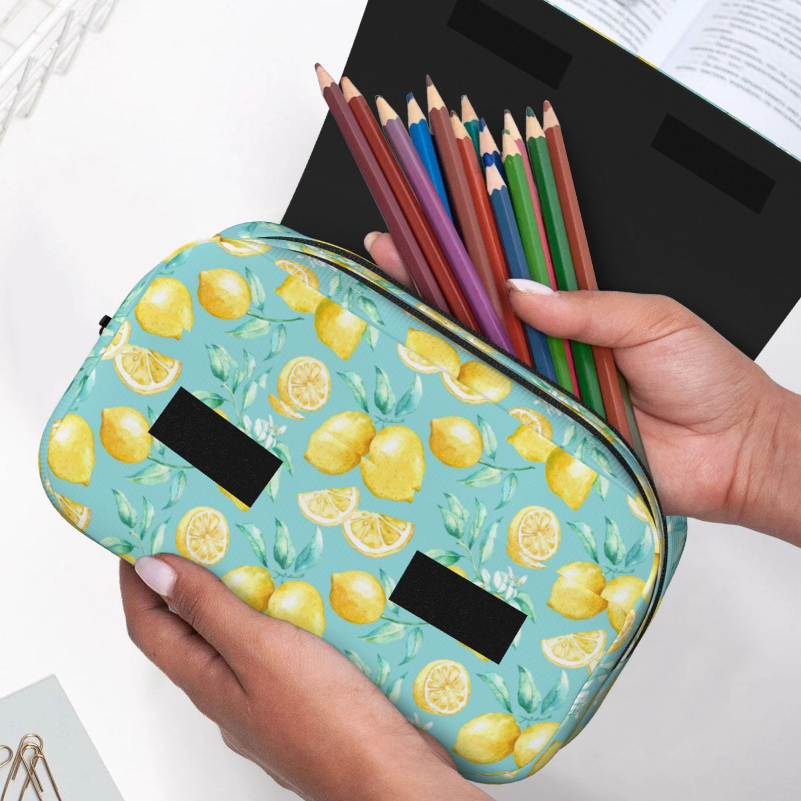 Rateoe Yellow Lemon Pattern Double Clamshell Pen Case, Storage Organizer with Two Zipper Compartments– Holds Up to 50 Pencils & Pens
