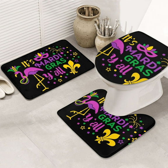 Bathroom Rugs Sets 3 Piece - Mardi Gras with Flamingo Absorbent Non Slip Bath Mats, U-Shape Toilet Lid Cover, Contour Mat, Soft Washable Shower Mats Bath Rug Mat for Bathroom Tub Toilet