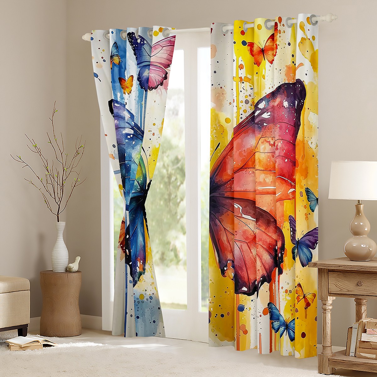 Feelyou Blue Orange Butterfly Curtains Pack of 2 (42x84 Each), Artwork Watercolor Curtains Blackout, Cartoon Animal Bedroom Curtains, Window Curtains Decor