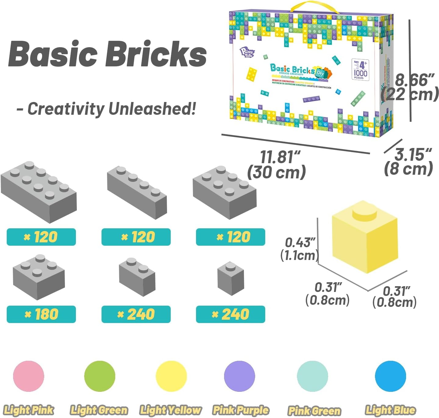Pairez Toys Classic Bricks 1000 Pieces Set, Basic Bricks in 6 Size & Pastel Color, Building Blocks Toys for Kids 4+