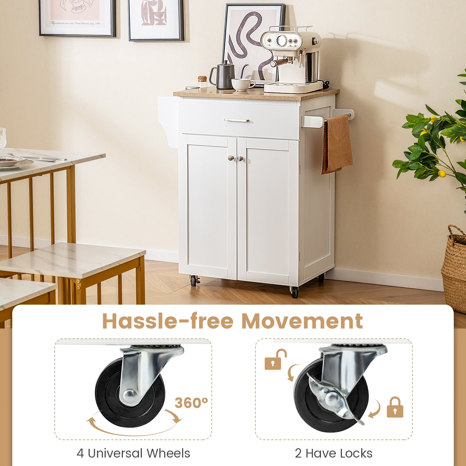 Giantex Kitchen Island w/Storage Cabinets, Trolley Cart w/Adjustable Height Shelves & Wheels, Spice Rack, Towel Rack, White