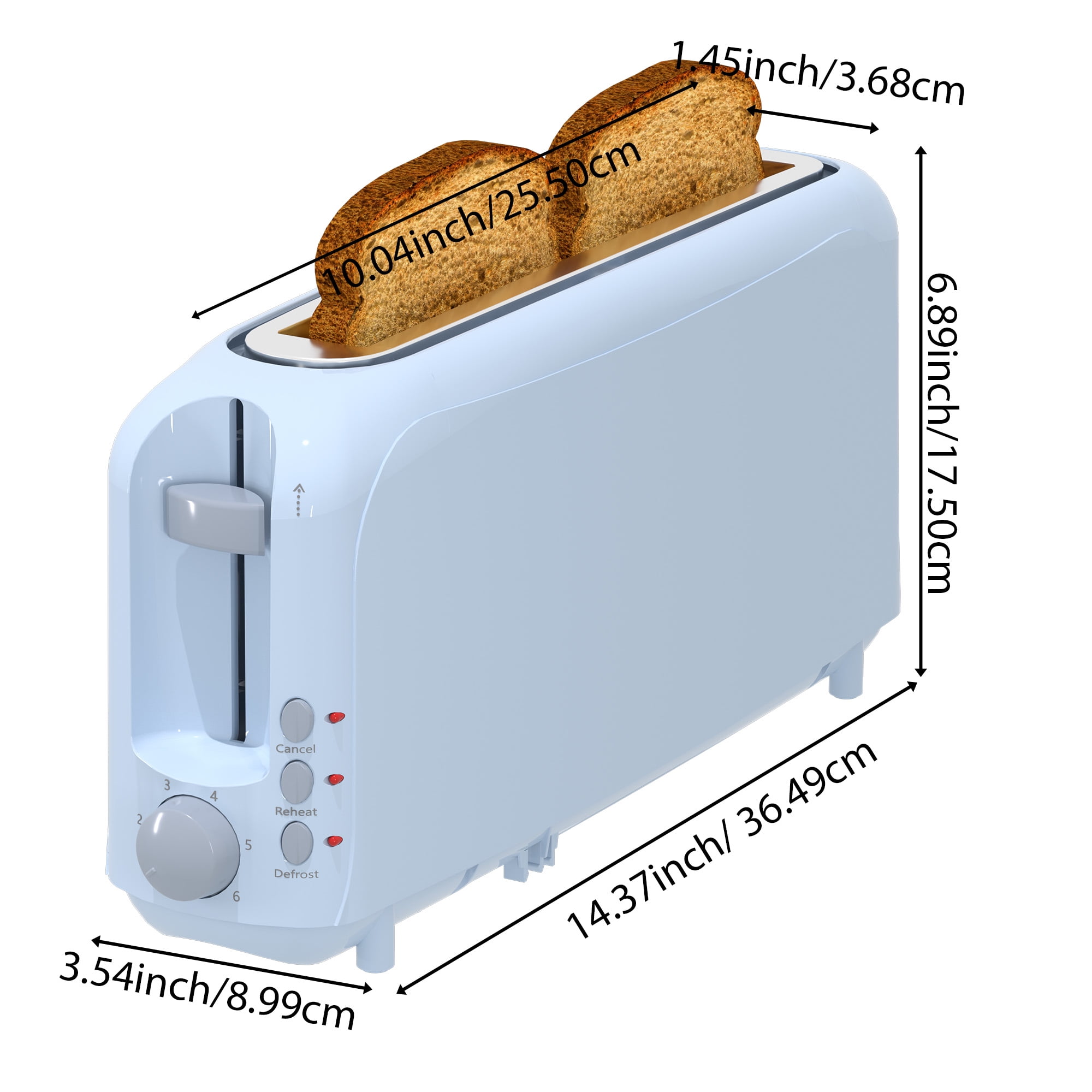 2-Slice Slim Toaster - 10" Long Slot for Bagels & Artisan Bread, 6 Shade Settings, Cancel/Reheat/Defrost, Removable Crumb Tray, Auto Shut-Off,Blue