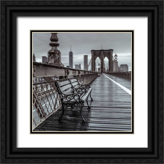 Frank, Assaf 15x15 Black Ornate Wood Framed with Double Matting Museum Art Print Titled - Empty bench on the pedestrian walkway of the Brooklyn Bridge, New York