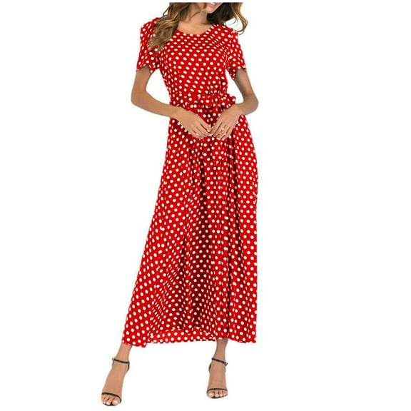 HomeGardon Women Dress Summer Dress for Women Vintage Polka Dot Ruffle Short Sleeves Crew Neck Casual Flowy Midi Dress with Belt Women Beach Bandage Long Maxi Dress Red,S-2XL